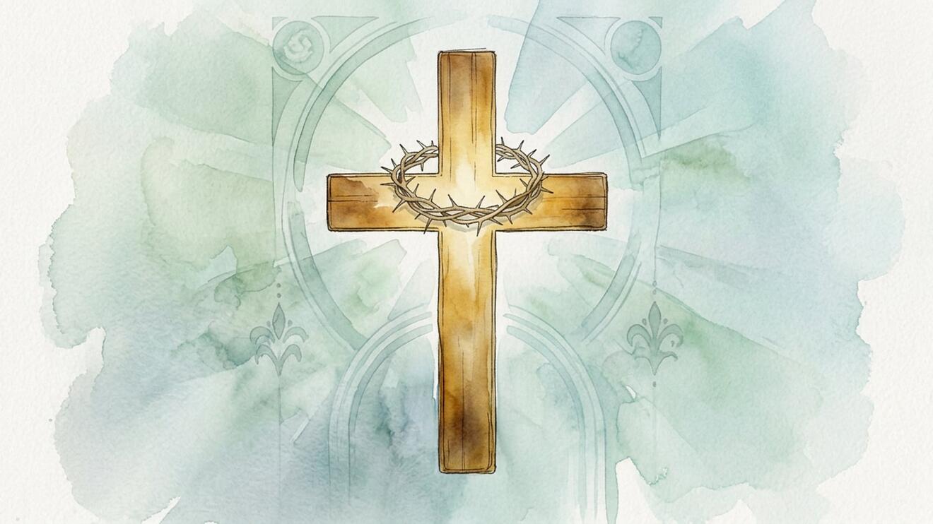 Holzkreuz mit Dornenkrone vor pastellfarbener, aquarellartiger Hintergrundgestaltung.