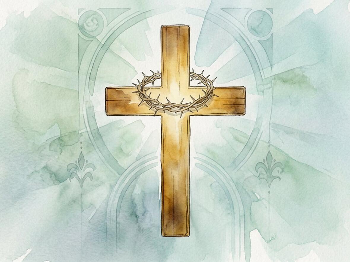 Holzkreuz mit Dornenkrone vor pastellfarbener, aquarellartiger Hintergrundgestaltung.