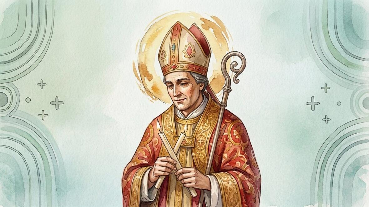 Hl. Blasius, Bischof, in liturgischer Kleidung, hält zwei Kerzen in einer freundlichen Pose.
