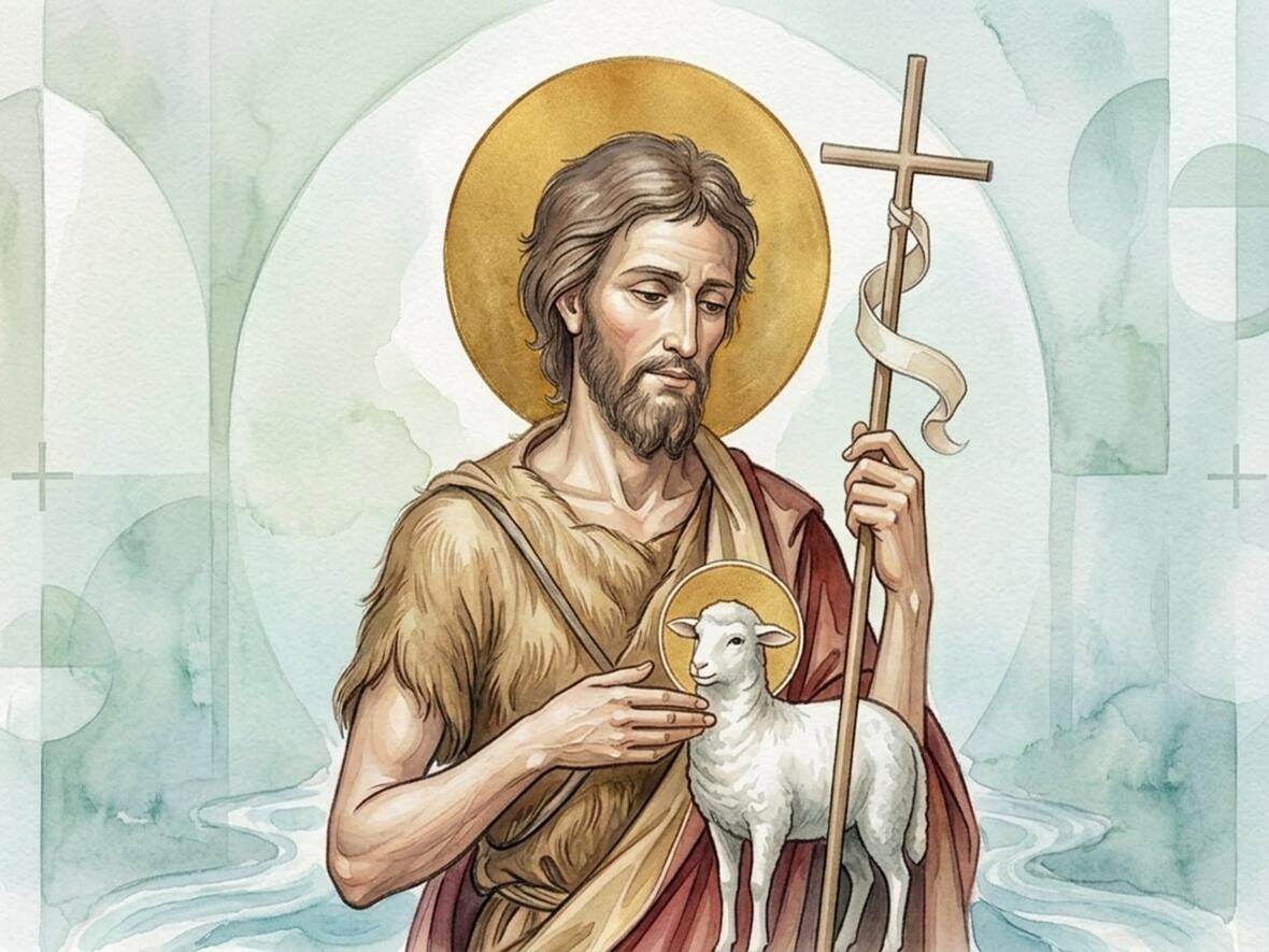 Heiliger Johannes der Täufer mit Lamm und Kreuz in sanfter Umgebungsillustration.