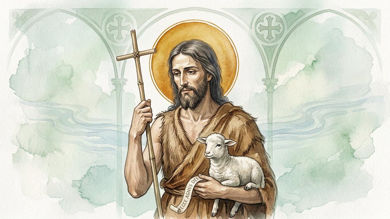 Johannes der Täufer mit Kreuz und Lamm, umgeben von sanften Landschaftselementen.