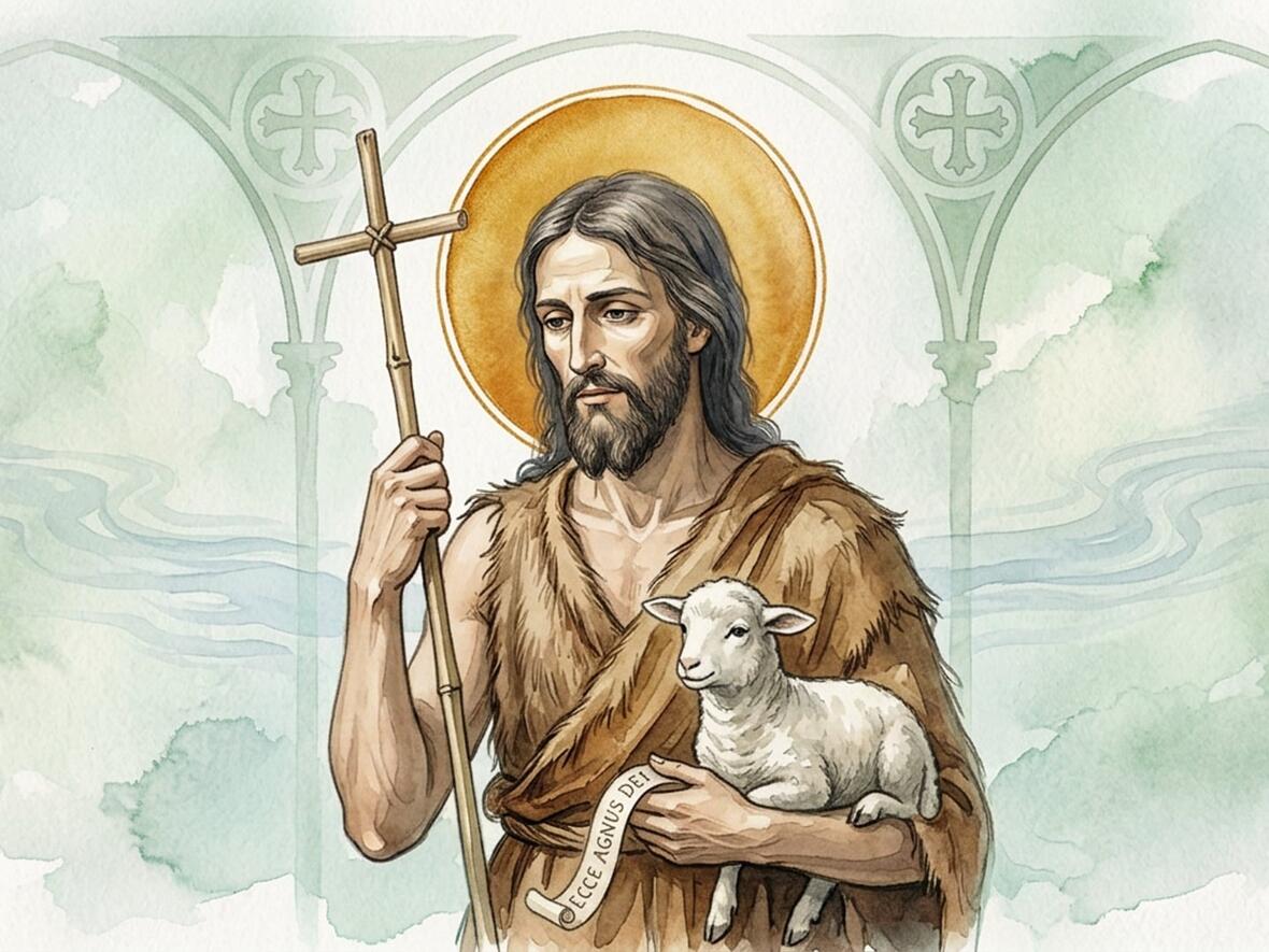 Johannes der Täufer mit Kreuz und Lamm, umgeben von sanften Landschaftselementen.