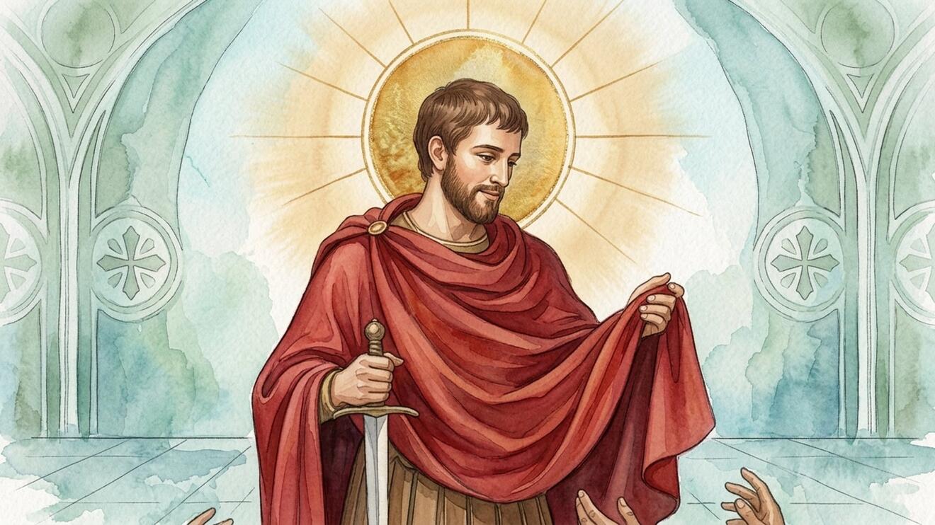 Der Heilige Martin mit strahlendem Heiligenschein, teilt seinen Umhang